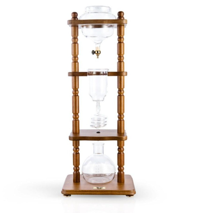 Yama Glass Cold Brew Tower – Curved Brown Wood Frame – 6–8 Cup (32 oz) - Brewer's Delight Coffee